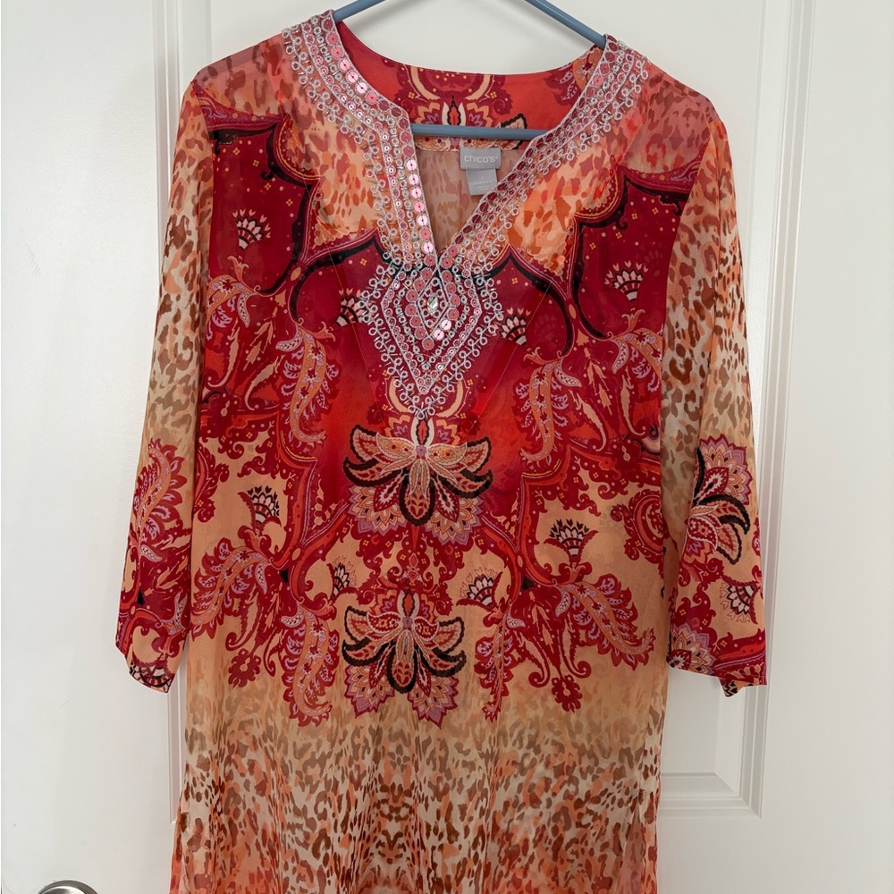 Chico's Red and Tan Paisley Tunic
